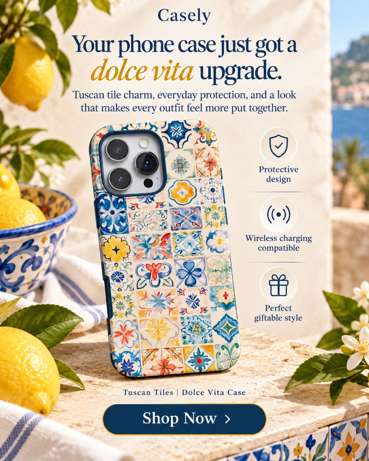 Casely Tuscan Tiles phone case creative with benefit callouts