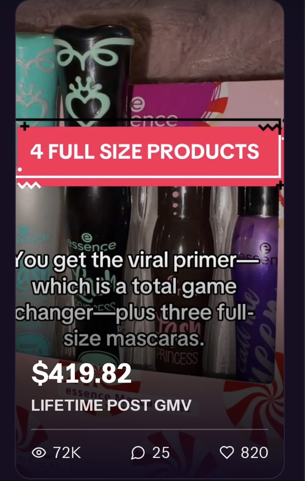 essence Lash Princess gift set post showing $419.82 lifetime GMV and 72K views