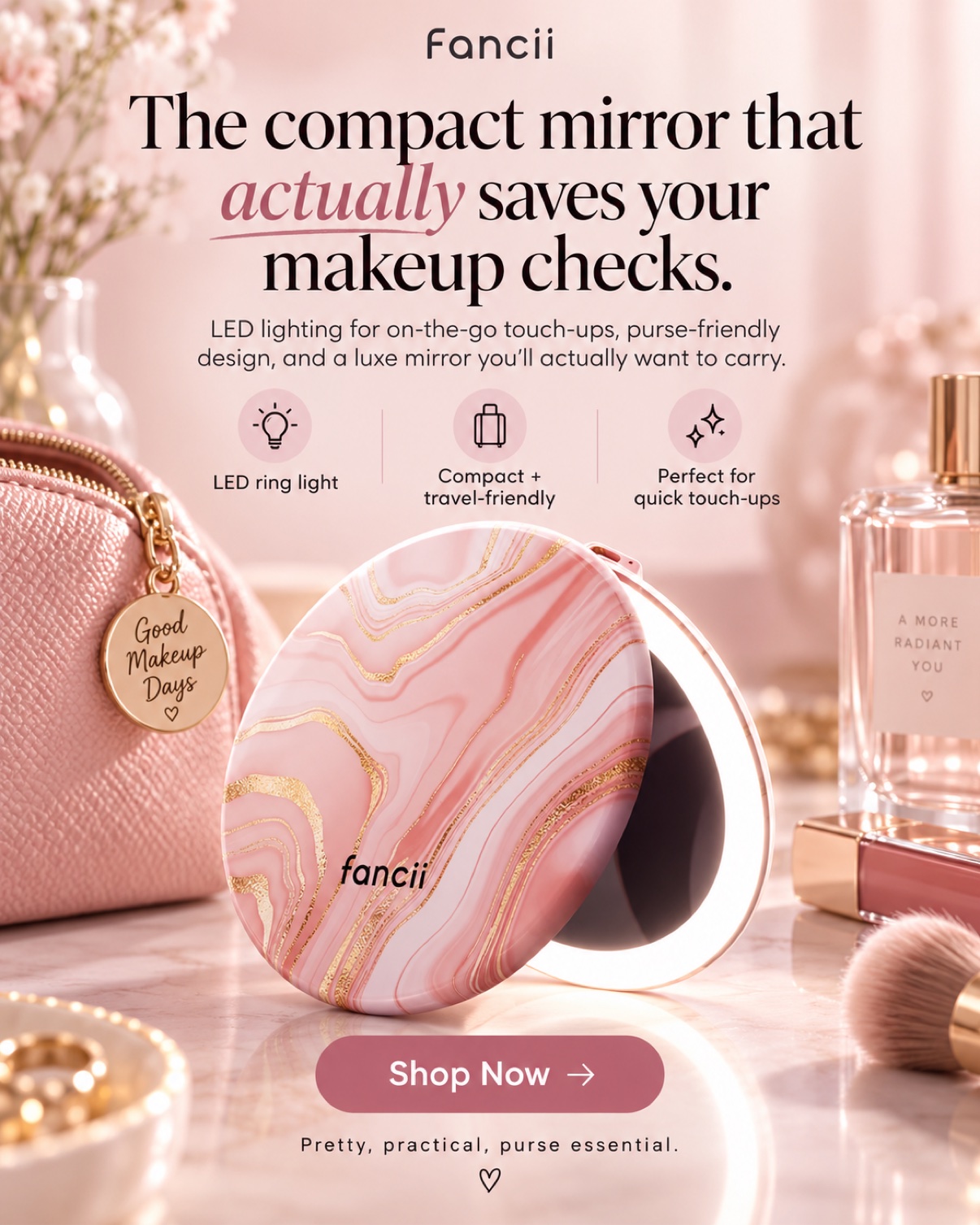 Fancii LED compact mirror creative with product benefit callouts